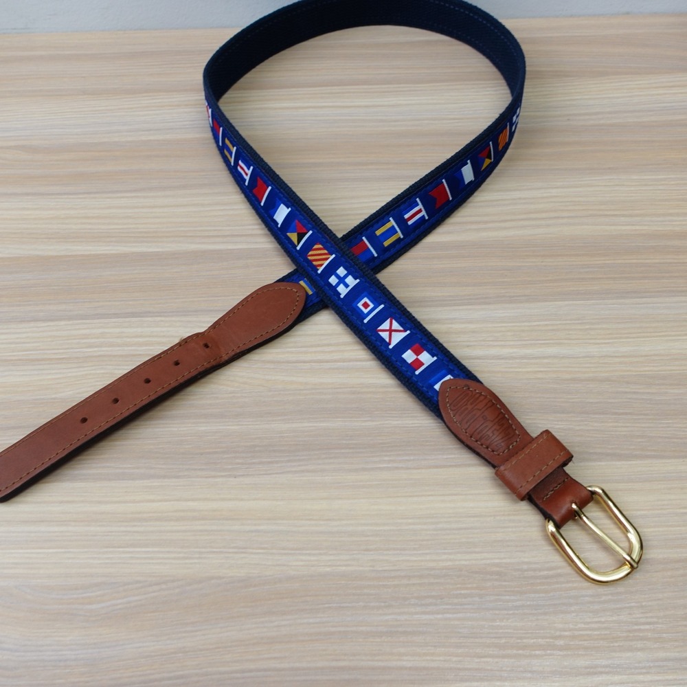 ZEP PRO Canvas Belt Mens 40 L Navy Nautical Flag Leather Solid‎ Brass Buckle USA